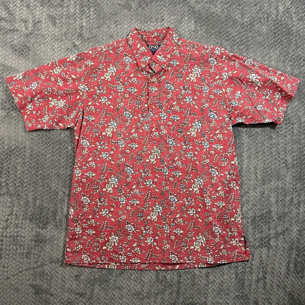 Vintage Ono & Company Hawaiian Aloha Shirt Men's L Red Floral Button Down